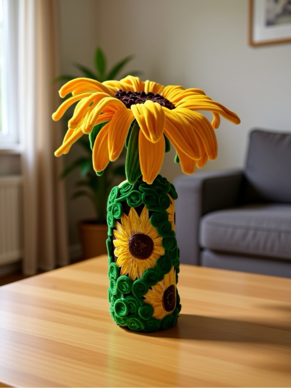 Sunflower Bottle Sculpture in Yellow and Green - Picture 2 of 2